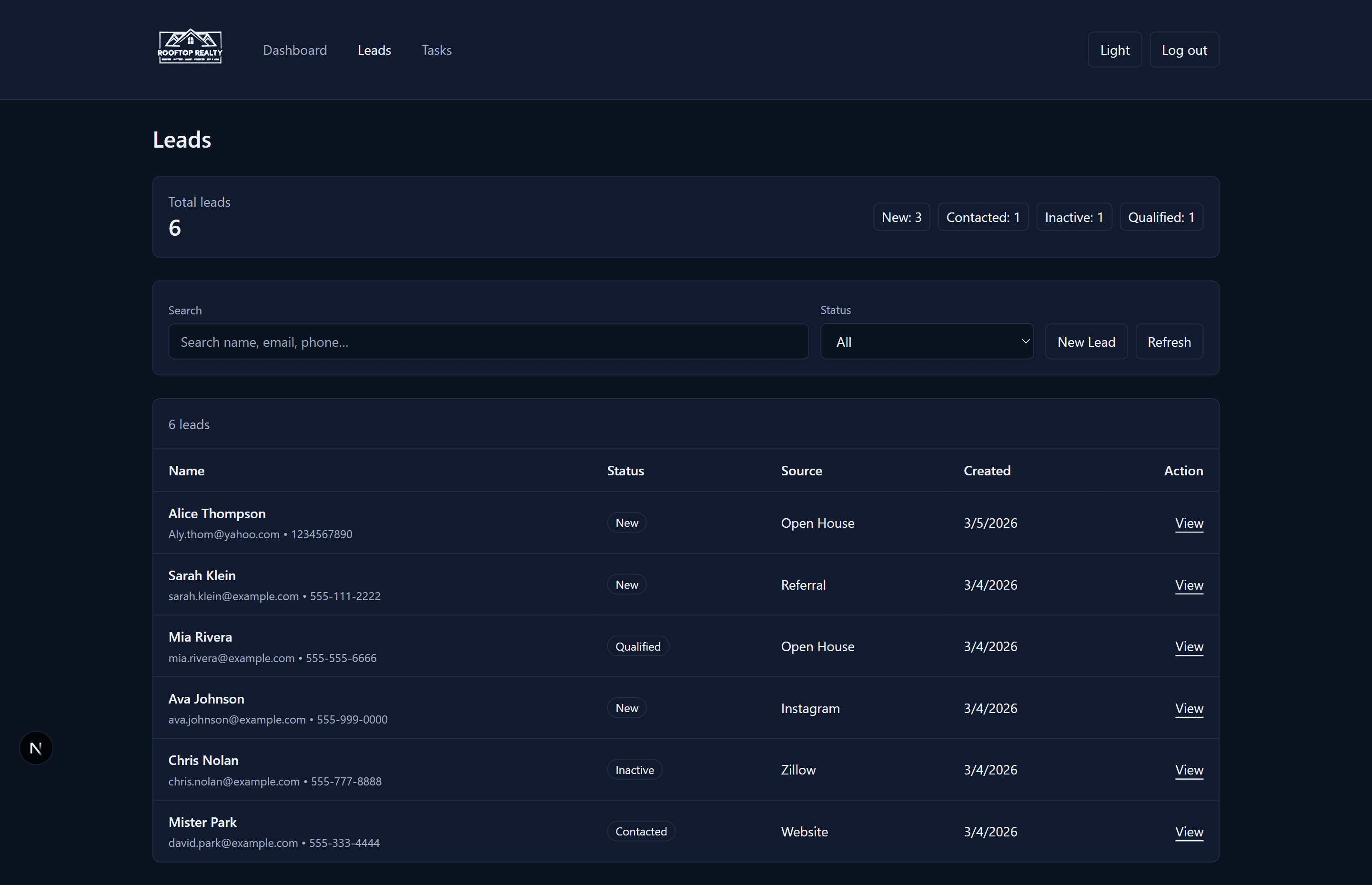 Lead management page