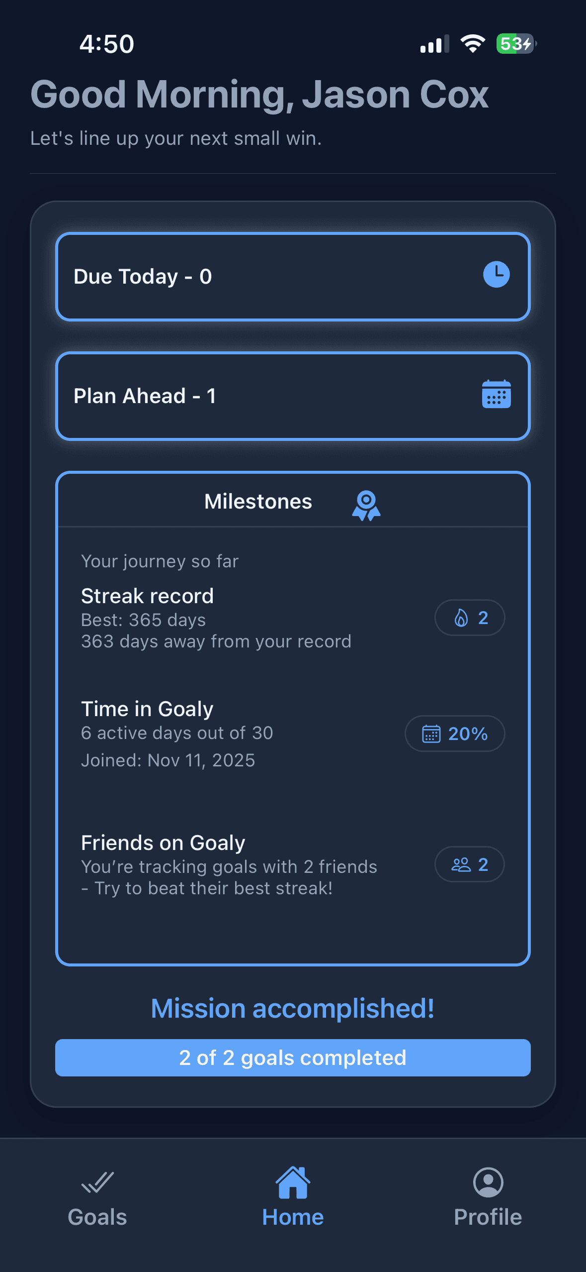 Goaly home dashboard